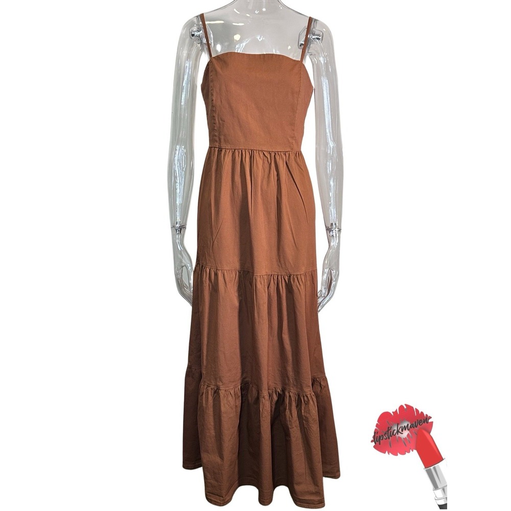 Risskio Maxi Dress‎ Women Medium Brown Tiered Smocked Spaghetti Strap